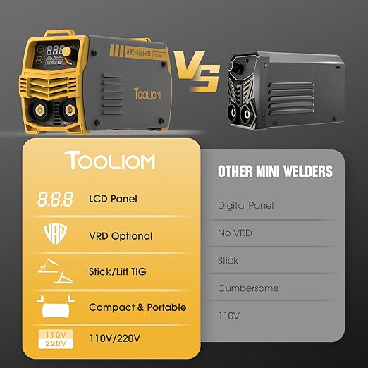 TOOLIOM 135A 110/220V Dual Voltage Mini Stick Welder Lift TIG Welder with LCD Display Portable Welding Machine with Hot Start, Arc Force and Anti-Stick