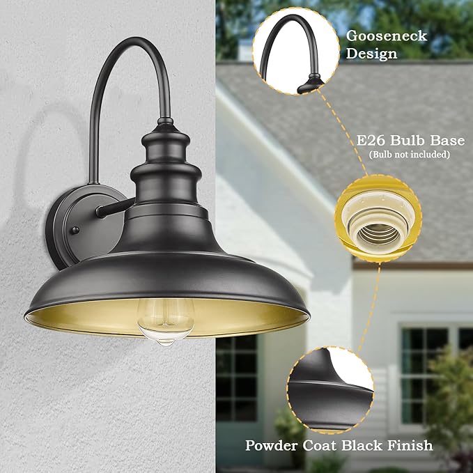 Outdoor Barn Light Fixture Farmhouse Wall Mount Light Gooseneck Wall Sconce Exterior Wall Lighting Fixture Industrial Black Finish Lantern for Porch with Gold Interior, 4Pack, RZ004-4PACK BK