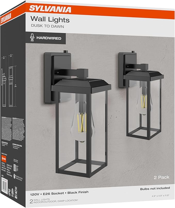 LEDVANCE Sylvania Dusk to Dawn Wall Lights with Accessories, Indoor/Outdoor, 120V, Hardwire, Metal/Black - 2 Pack (66555)