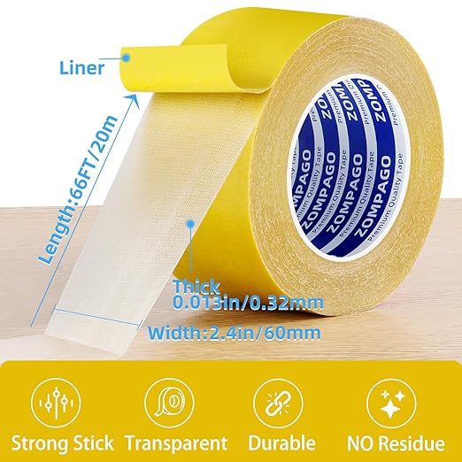 Heavy Duty Double Sided Mounting Tape, 2.4inx66FT, Clear Mesh Grip, Extra Strong Adhesive for Carpets, Wall Mounting, Picture Hanging and DIY Projects,Hand Tearable,Weatherproof