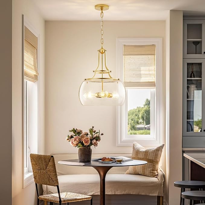 Industrial Round Chandelier Rustic Ceiling Light Fixture 3-Light Farmhouse Pendant Light with Seeded Glass Shade for Dining Room Hallway Entryway Kitchen Bedroom, Gold