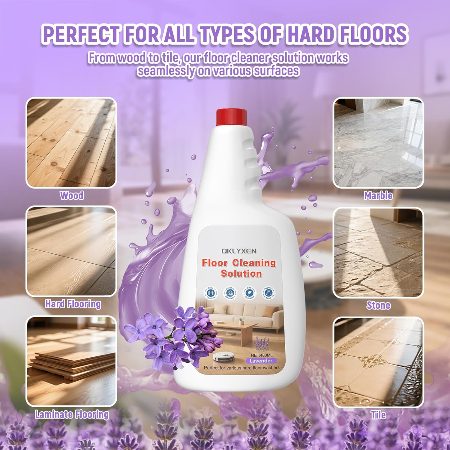 Floor Cleaning Solution Compatible With Roborock Robot Vacuum & Mop Cleaner (Qrevo/Q7/Q10/Saros 10R), Deep Clean For Multiple Hard Floor, Suitable for All Robot Vacuum With Mopping (Lavender 2 Bottle)