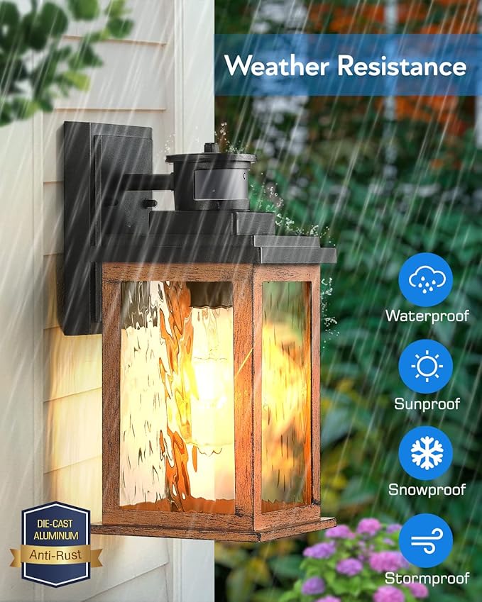 VIANIS 2 Packs Dusk to Dawn Outdoor Lighting for House, Wood Grain Motion Sensor Outdoor Lights Fixture, Garage Light Sconce Wall Mount, Lantern with Waterproof, Anti-Rust 100%, Weather Resistant