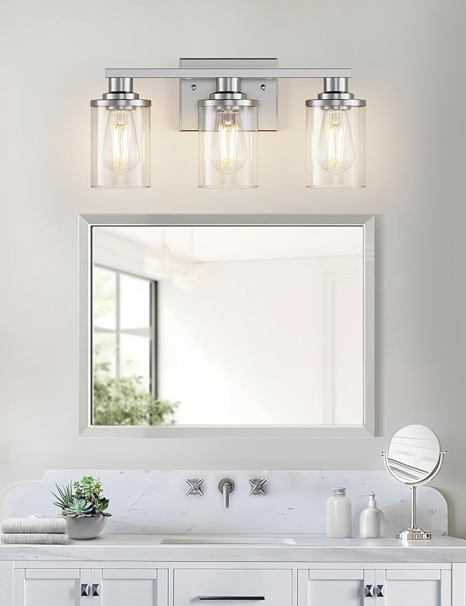 DORESshop Bathroom Light Fixtures, 3-Light Brushed Nickel Bathroom Lighting Fixtures Over Mirror with Clear Glass Shade, Modern Wall Sconce for Mirror Bedroom Hallway, ETL Listed