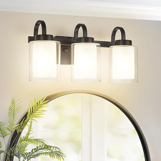 TENGXIN 3-Light Bathroom Vanity Light, Black Vanity Light Over Mirror, Farmhouse Wall Sconces with Dual Glass Shade, Modern Wall Lamp for Bedroom Hallway Living Room Cabinet