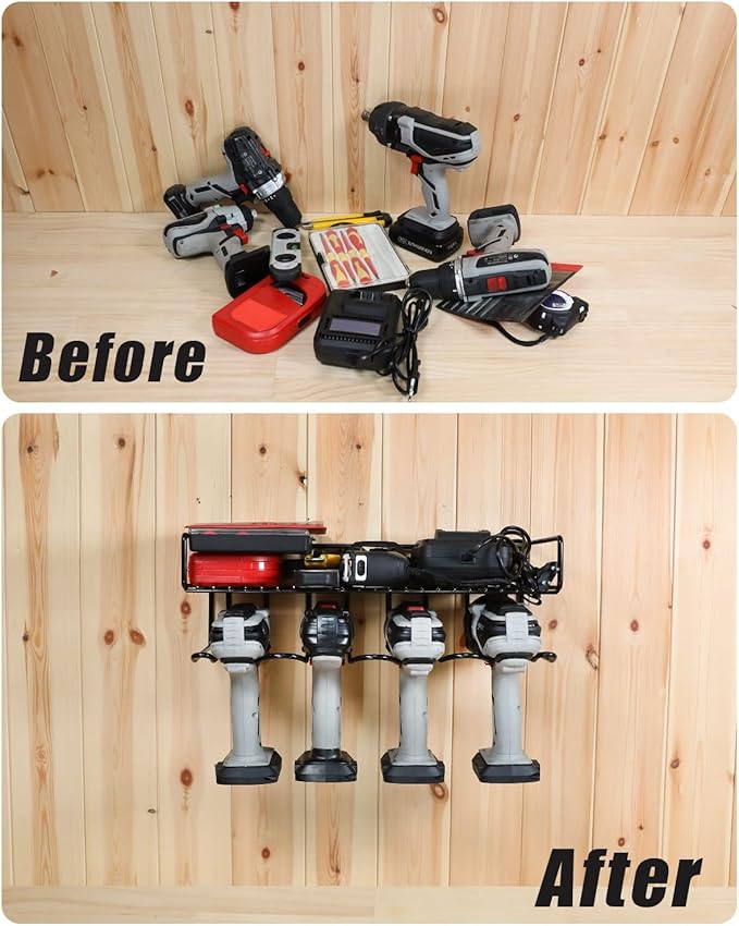 Heavy Duty Tool Organizer, 16" W x 7.48" H x 5.51" D, 4 Wall Mount Anchors, 3.95" Between Slots, Sturdy Steel Construction, Ideal for Power Tools (2 Pack)