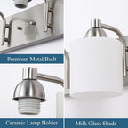 Stainless Steel Milk Glass Vanity Lights for Bathroom, 2 Light Brushed Nickel Bathroom Light Fixtures Over Mirror, Ceramic E26 Sockets Wall Mounted