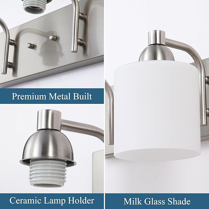 Stainless Steel Milk Glass Vanity Lights for Bathroom, 2 Light Brushed Nickel Bathroom Light Fixtures Over Mirror, Ceramic E26 Sockets Wall Mounted