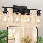 4-Light Bathroom Light Fixtures, Matte Black Vanity Light with Crystal Glass Shades for Mirror, Living Room, Bedroom, or Porch