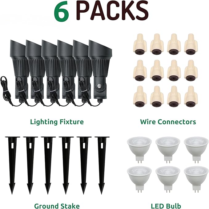 Lumina Lighting® 4W Landscape Lighting 12V Landscape Lights Low Voltage Landscape Spotlights Warm White Waterproof Outdoor Replaceable LED Bulb for Garden, Lawn, Porch, Patio and Yard (Black, 6-Pack)