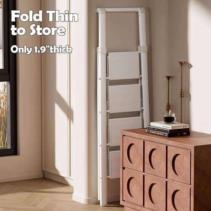 Taranta 4 Step Ladder, Portable Folding Ladder with Wide Pedal, Lightweight Aluminum Step Stool with Convenient Handgrip, 330 lbs Capacity Stepladder for Home, Office - White