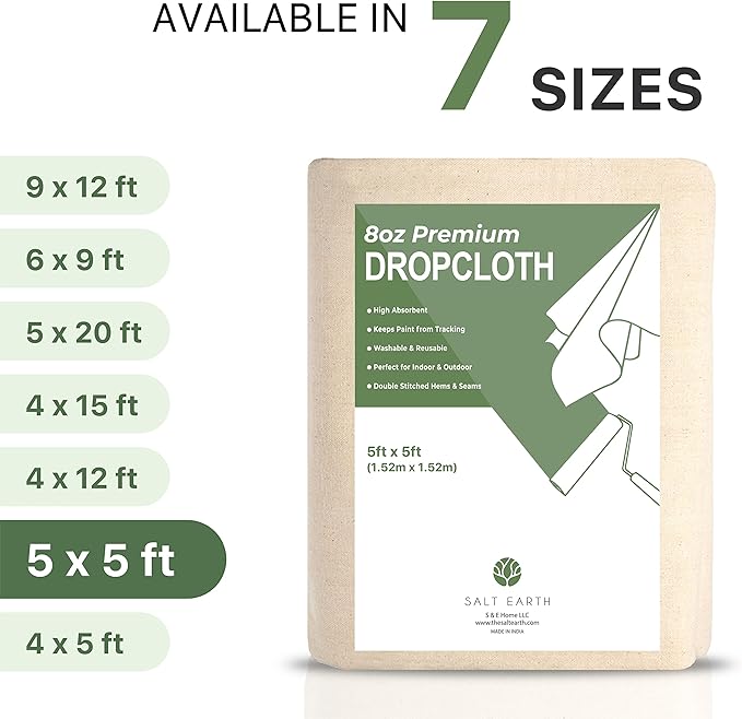 Canvas Drop Cloth by Salt Earth, Pack of 1 Reusable Paint Drop Cloth, 100% Recycled Cotton, All Purpose Painters Drop Cloth, Cotton Canvas Tarp Cover for Painter Furniture & Floor Protection (5x5 FT)