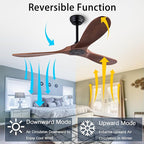 52" Wood Ceiling Fan No Lights with Remote Control,Wooden 3 Blades Ceiling Fans Without Light for Patio,Garage,Living Room,Bedroom,Office,Indoor/Outdoor(Black+Dark Walnut)