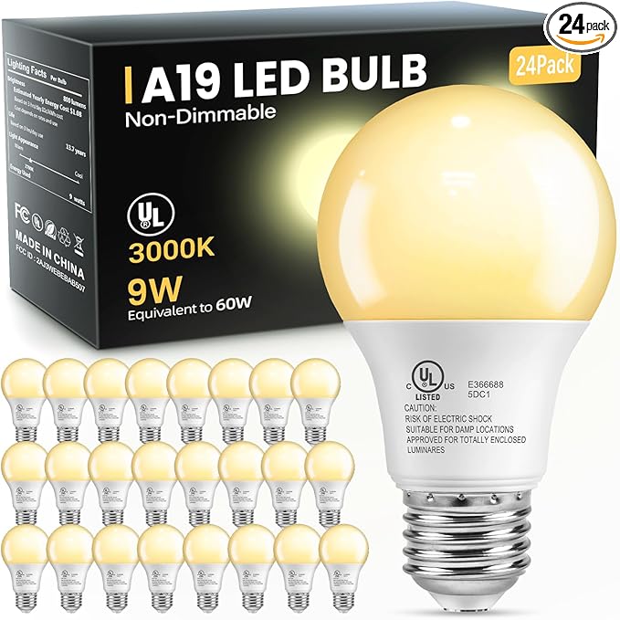 VOLIVO 24 Pack A19 LED Light Bulbs, 3000K, 9W(60W Equivalent), 800 Lumens, E26 Standard Base, Energy Saving LED Bulb, Non-Dimmable, UL Listed and FCC Certified, for Bedroom Living Room Home