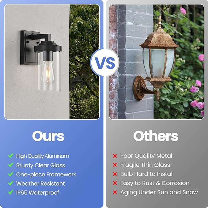 Outdoor Indoor Wall Sconce Set of 2, Modern Exterior Wall Lantern with Clear Glass, Black Outside Lighting Wall Mount for Porch Patio Bathroom Vanity