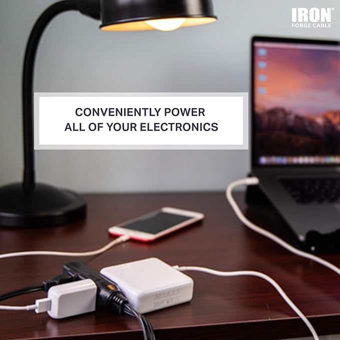 Iron Forge Cable 10 ft Flat Plug Black Extension Cord with 3 Outlets - 16/3 SJTW 3 Prong Indoor 10 Foot Black Extension Cord with Multiple Outlets