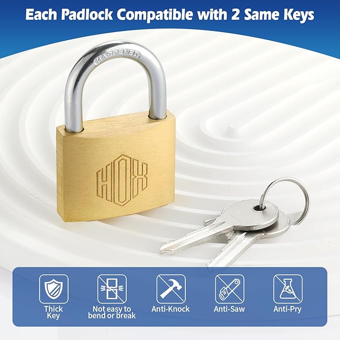 HOX Solid Brass Keyed Different Padlock with 1-9/16-Inch Wide Body, Brass Cylinder - for Hasp Latch, Sheds, Fences, Storage Locker, 6-Pack