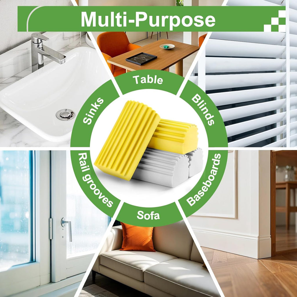 4-Pack Damp Clean Duster Sponge, Sponge Cleaning Brush, Duster for Cleaning Blinds, Glass, Baseboards, Vents, Railings, Mirrors, Window Track Grooves and Faucets, Gray and Yellow