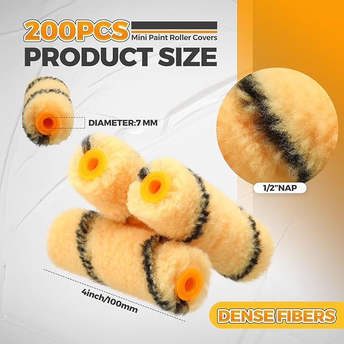 Leumoi 200 Pcs 4 Inch Mini Paint Roller Bulk Small Microfiber Roller Cover 1/2" Nap for Paint Brush for House Painting Supplies DIY Craft Home Wall Repair Tool Kit Set (Yellow Base, Black)
