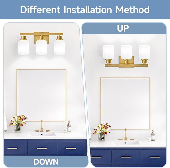 Bathroom Vanity Light,3-Light Gold Modern Bathroom Light Fixtures with Square Frosted Glass,Gold Wall Lamp Sconces for Mirror Bedroom,Living Room Hallway, E26