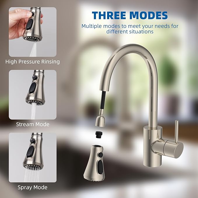 Hibbent Pull Down Kitchen Faucet Head Replacement, 3-Function Kitchen Faucet Head Sink Spray Nozzle with 15 Adapters Compatible with Moen, American Standard, Delta, Kohler Faucets, Brushed Nickel