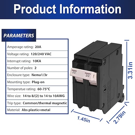 20 Amp 2-Pole Circuit Breaker, Type 3/4-Inch Plug-On Molded Case Circuit Breaker, 120/240V, Thermal Magnetic, 10-Yr Warranty