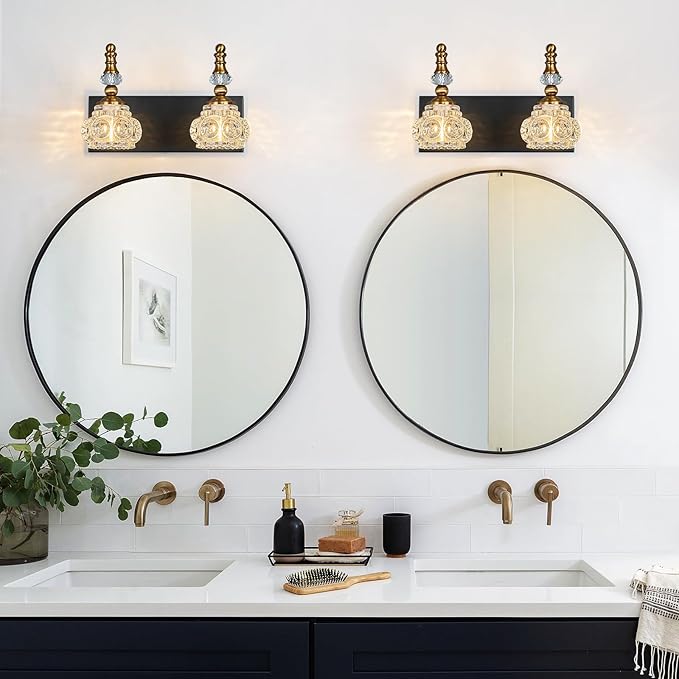 Modern Glass Crystal Vanity Light - Vintage Bathroom Lighting Fixtures Over Mirror, 2 Light Vanity Lights G9 Bulb (11.81 Inch, Black Gold)