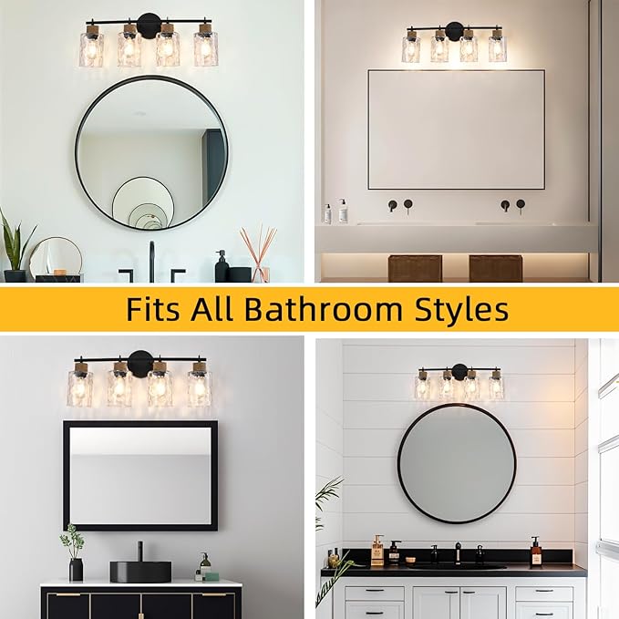 4-Light Bathroom Light Fixtures, Coastal Vanity Lights with Crystal Glass Shade, Black Bathroom Wall Lamp for Mirror Kitchen Hallway Bedroom