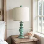 BOBOMOMO 20" Distressed Teal Bedside Lamps Set of 2, Hand-Painted Vintage Resin Lamps with Linen Shades, Cottage Farmhouse Lamp for Living Room, Bedroom, and Hallway, Space-Saving Accent Lamps