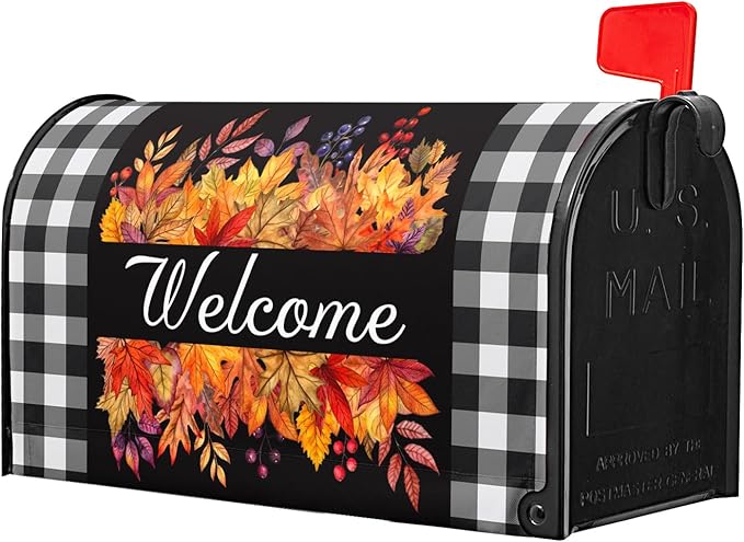Fall Thanksgiving Maple Leaves Buffalo Plaid Mailbox Covers Magnetic Autumn Harvest Seasonal Holiday Welcome Post Letter Box Cover Standard Size 25.5x21 Inch for Garden Yard