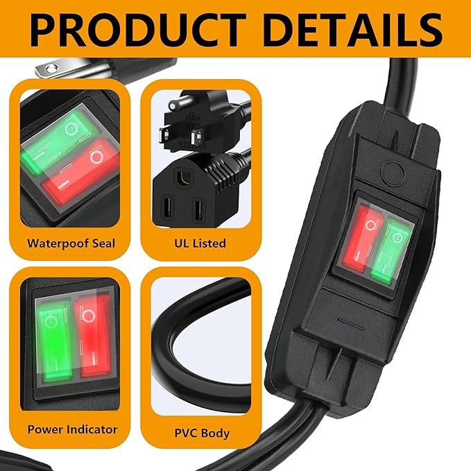 2 Way Extension Cord with On/Off LED Switch, Fiabtool 3 Prong Extension Cord Splitter, Heavy Duty Plug Splitter, SJTW 18AWG 10A/125V, Indoor Use (3.28 Ft, Black)