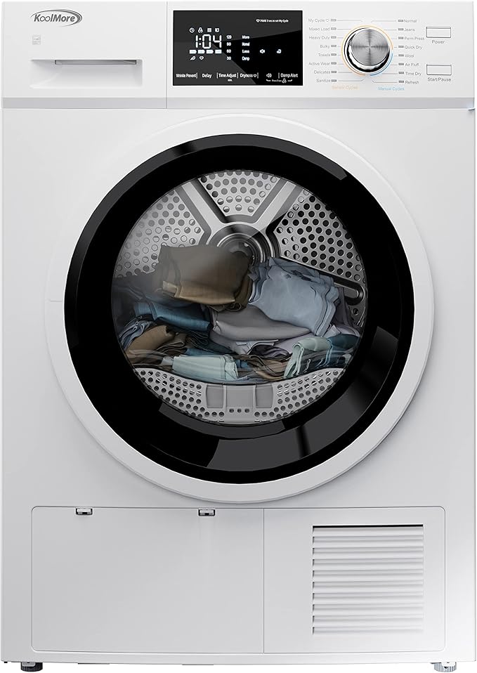 KoolMore FLD-5CWHP Electric Ventless Heat Pump Dryer, 4.4 Cu. Ft, for Small Home or Apartment, Stackable Unit, Wrinkle Prevention with Sensor Technology, 16 Drying Cycles [240V], Medium (24"), White