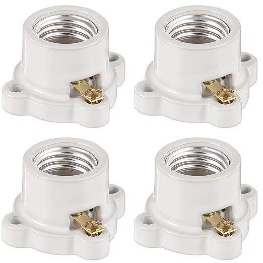 4 Pcs Porcelain Lamp Holder Socket E26/E27 Medium Keyless Threaded Socket with Two Hole Flanged Mounting 660W 250V Medium Base Lampholder Cleat Sockets for Indoor Garage Closet Lighting