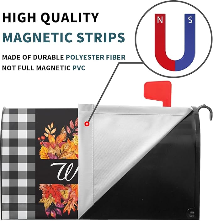 Fall Thanksgiving Maple Leaves Buffalo Plaid Mailbox Covers Magnetic Autumn Harvest Seasonal Holiday Welcome Post Letter Box Cover Standard Size 21x18 Inch for Garden Yard
