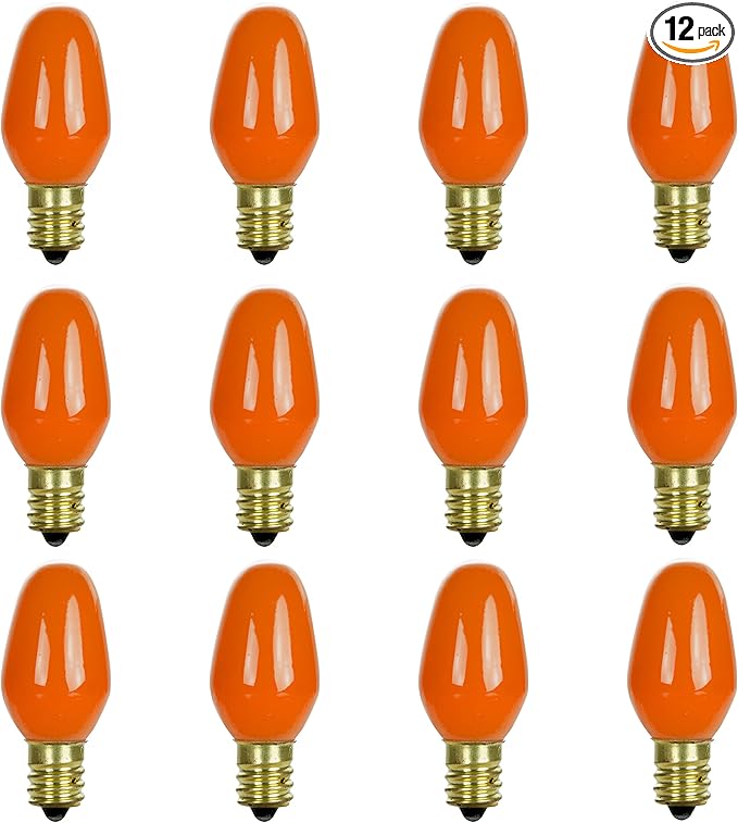 Sunlite 01057 7C7 Incandescent Bulb, 7 Watt, Candelabra E12 Base, C7 Small Night Light, Colored Bulb, Orange, 12 Count