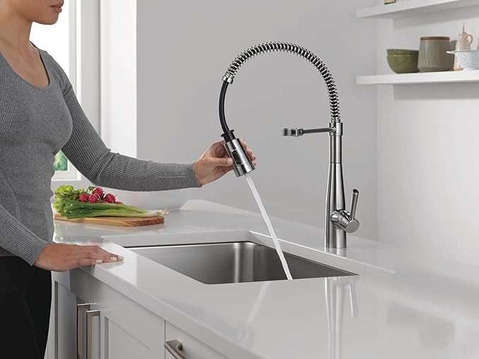 Delta Essa Pro Style Commercial Kitchen Faucet with Pull Down Sprayer, Brushed Nickel Single Hole Kitchen Sink Faucet, Single Handle, Arctic Stainless 9613-AR-DST
