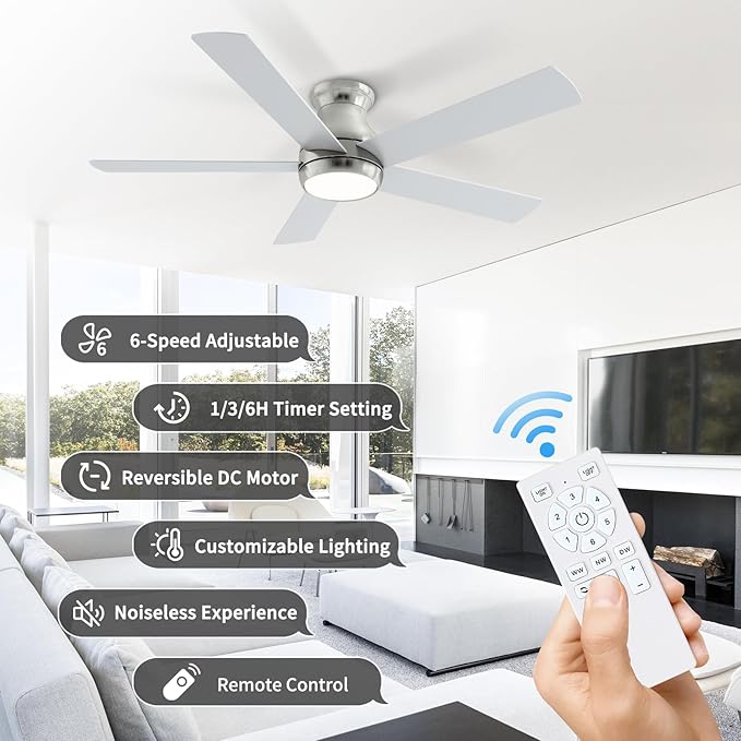 52 Inch Brushed Nickel Ceiling Fans with Lights and Remote,LED Low Profile Flush Mount Ceiling Fan for Bedroom, Living Room,Patio,Quiet DC Motor,5 Blades