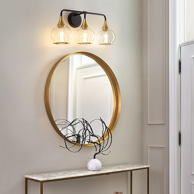 Black and Gold Bathroom Vanity Light 3-Lights Bathroom Light Fixtures Over Mirror with Clear Glass Shade 22.4 inch Wall Sconce Lighting Bath(Exclude E26 Bulb)