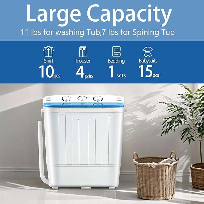 Portable Mini Twin Tub 18Lbs Washing Machine with Drying Rack & 10 Hangers, Washer(11Lbs) and Spinner(7Lbs) Combo with Timer Knob, Compact Semi-automatic Laundry Washer for Home Dorm Apartment, Blue