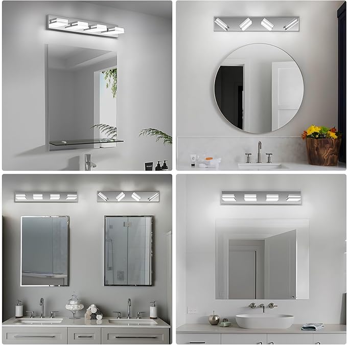 Modern LED Bathroom Lights Fixtures(4-Light),Metal Chrome Acrylic Wall Lighting,Vanity Lights for Bathroom Over Mirror(6000k 27In