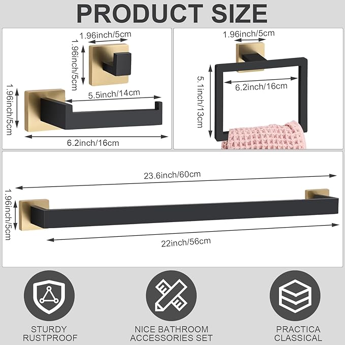 Gisafai 25 Pcs Bathroom Hardware Accessories Set 23.6 Inch Bath Towel Bar Kit Stainless Steel Bathroom Hardware Set Towel Racks Ring Hooks Paper Holder for Wall Mounted (Black Gold)