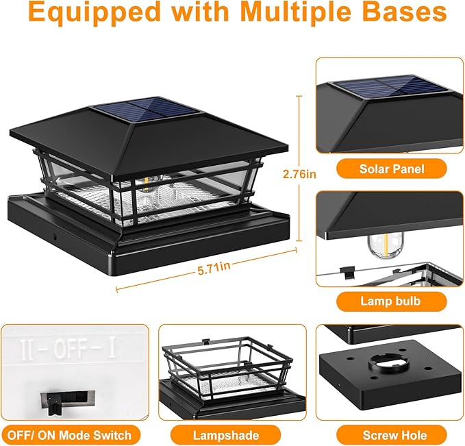 Solar Post Cap Lights Outdoor 8Pack [LED Bulb, 2 Brightness Setting] Fence Post Solar Lights Waterproof for 4x4 5x5 or 5.5x5.5 Wood Posts, Warm Bright Bulb Lighting for Garden Deck Yard