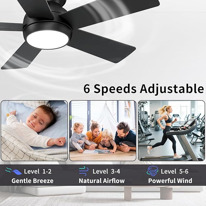 42 Inch Black Ceiling Fans with Lights and Remote, LED Low Profile Flush Mount Ceiling Fan for Bedroom, Living Room, Patio, Quiet DC Motor, 5 Blades