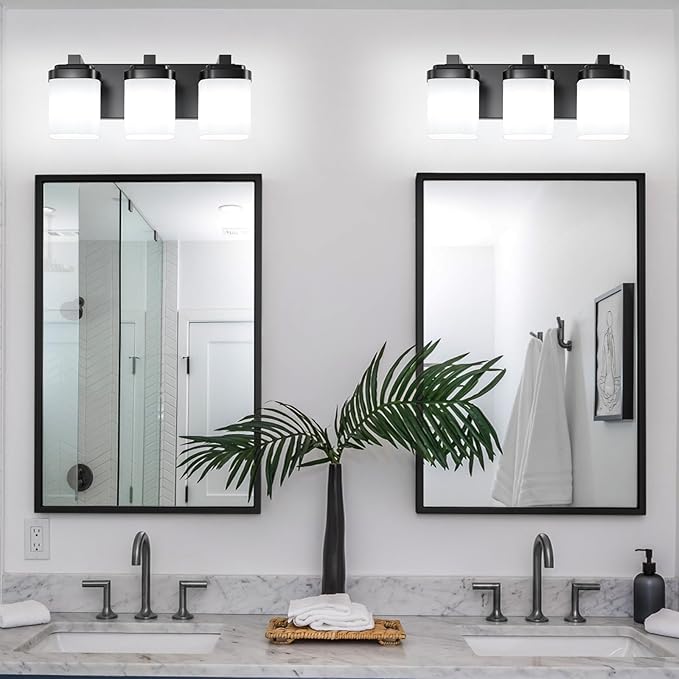 3-Light Black Bathroom Light Fixtures, Vanity Lights for Bathroom Mirror Lamp with Milky White Square Glass Shade, E26 Base Modern Wall Sconce Light Kitchen Light Fixtures Led Vanity