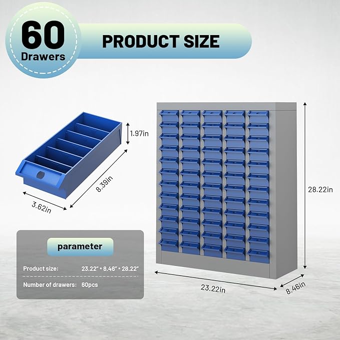 60 Drawer Tool Storage Cabinet with ABS Drawers, Bolt and Nut Organizer Parts Box, Hardware Shelving Unit for Garage and Workshop