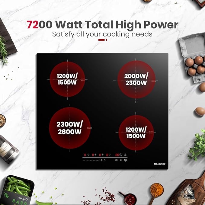 GASLAND 4 Burners Induction Cooktop 24 Inch,7200W Built-in Induction Stovetop with Booster and Timer, 240V Electric Hob, 9 Power Levels, Slide Touch Control, Child Safety Lock, Hard Wire