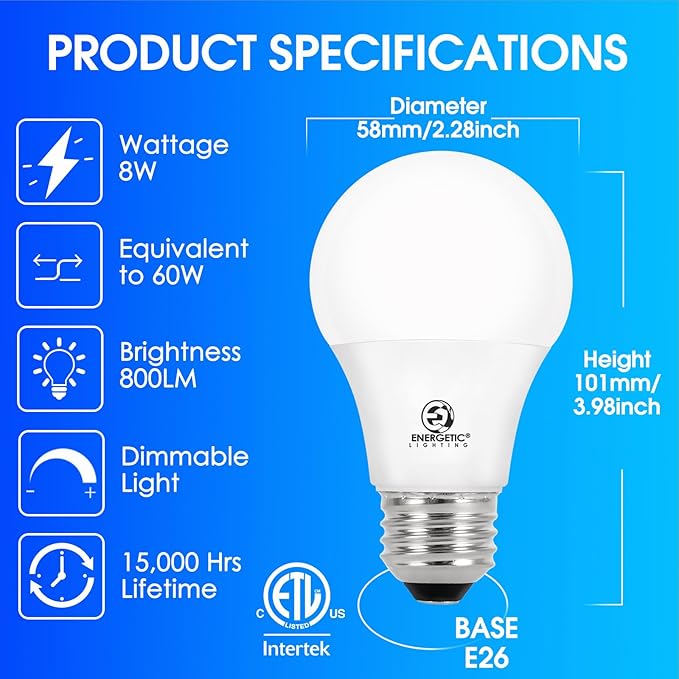 E ENERGETIC LIGHTING Dimmable Light Bulbs, 60W Equivalent 3000K Warm White, E26 Base, 8W 800 Lumens LED Light Bulbs, ETL Listed, 12 Packs