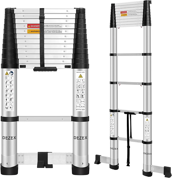 Telescoping Ladders 12.5 FT Aluminum Lsdder - One-Button Retraction Collapsible Extension Ladder for Home,RV,Attic,Lasts 330 LBS with Swivel Feet and Non-Slip Cushion