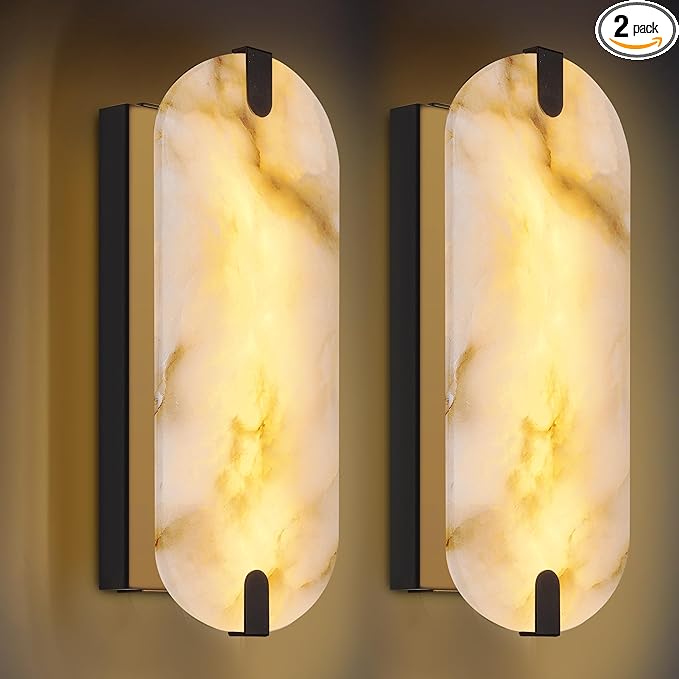 14.17in Alabaster Wall Sconces, Natural Marble Wall Light Set of Two, Modern LED Alabaster Sconces for Living Room Indoor Wall Lamps for Dining Room Stairs Bedroom,Black