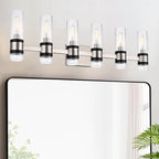 MELUCEE 6 Light Black Vanity Lighting Fixture with Ribbed Clear Glass Shade, Vanity Bathroom Light Fixture Over Mirror Industrial Wall Mounted Sconces Lighting, E12 Base